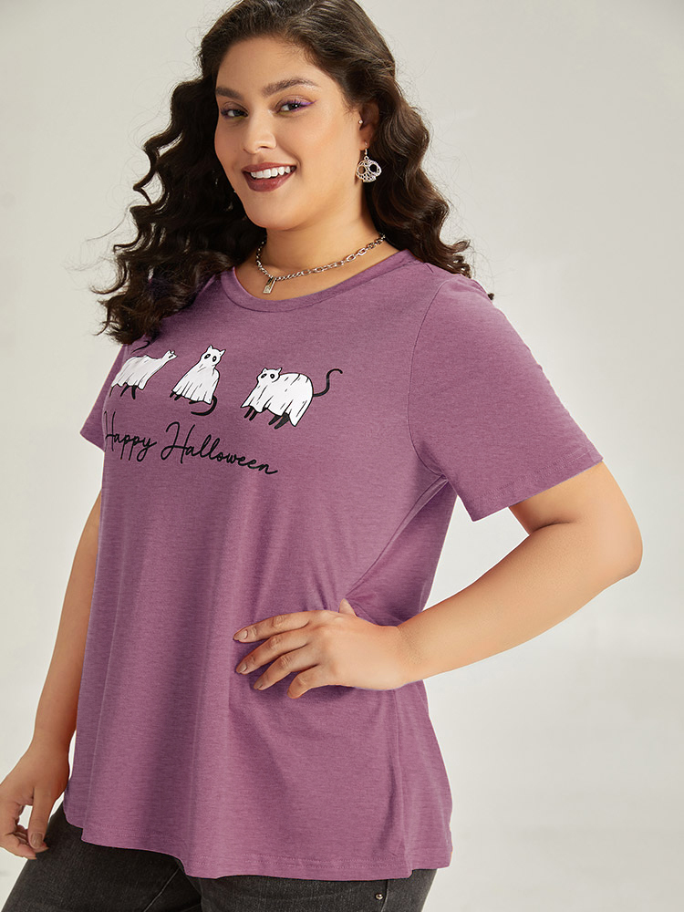 Plus Size Halloween Letter & Animals Crew Neck T-shirt DustyPink Women Casual Printed Halloween Festival-Halloween T-shirts BloomChic 10/M 