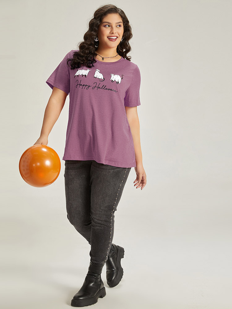 Plus Size Halloween Letter & Animals Crew Neck T-shirt DustyPink Women Casual Printed Halloween Festival-Halloween T-shirts BloomChic 10/M 