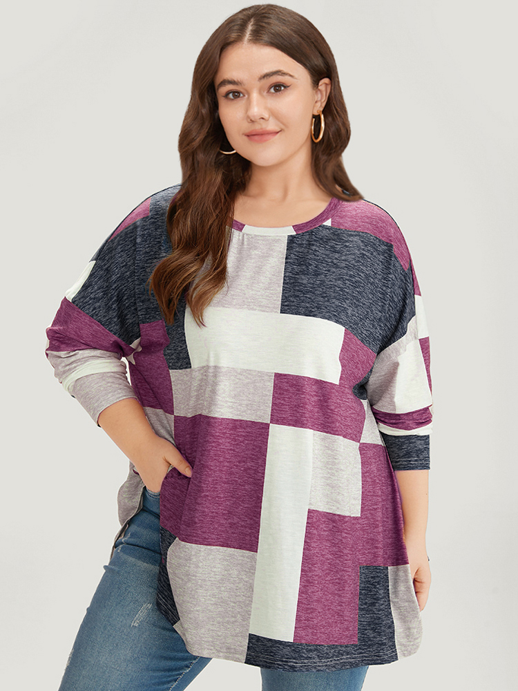 

Plus Size Colorblock Contrast Round Neck Dolman Sleeve T-shirt Purple Women Casual Contrast Colorblock Round Neck Everyday T-shirts BloomChic