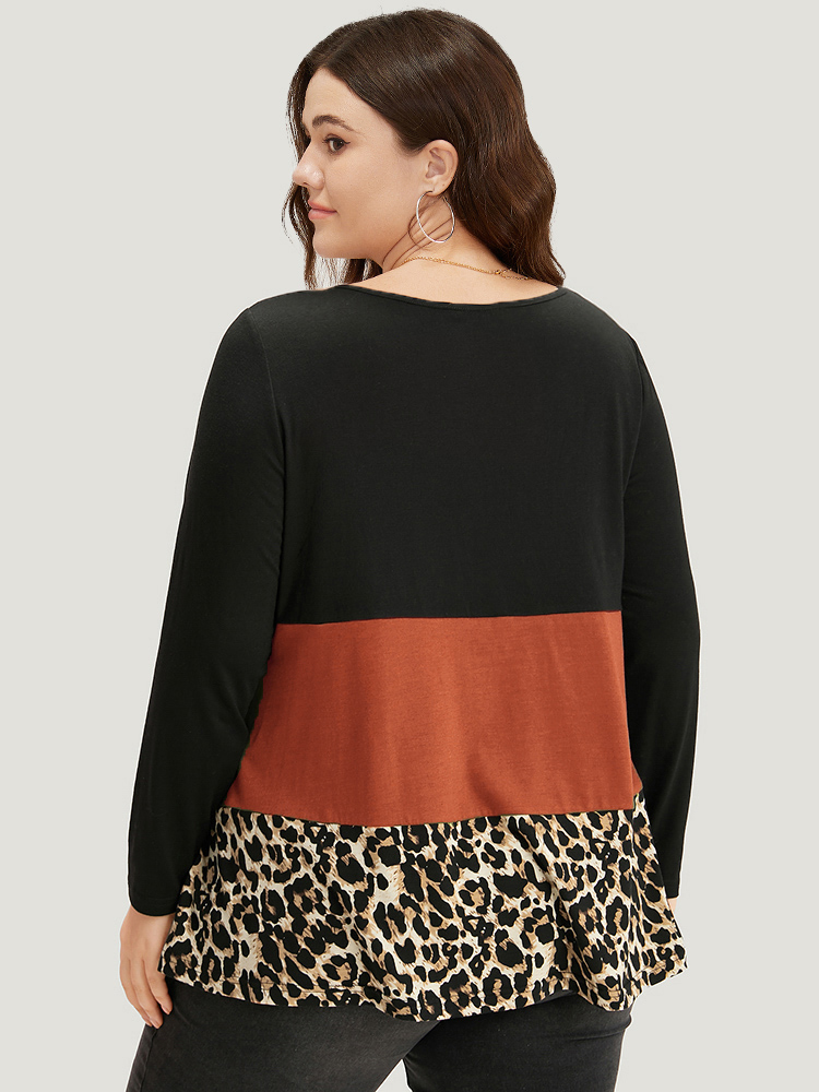 Plus Size Colorblock Leopard Contrast Round Neck T-shirt Chocolate Women Casual Contrast Leopard Round Neck Everyday T-shirts BloomChic 28/5X 