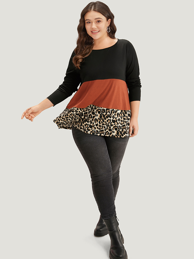 

Plus Size Colorblock Leopard Contrast Round Neck T-shirt Chocolate Women Casual Contrast Leopard Round Neck Everyday T-shirts BloomChic