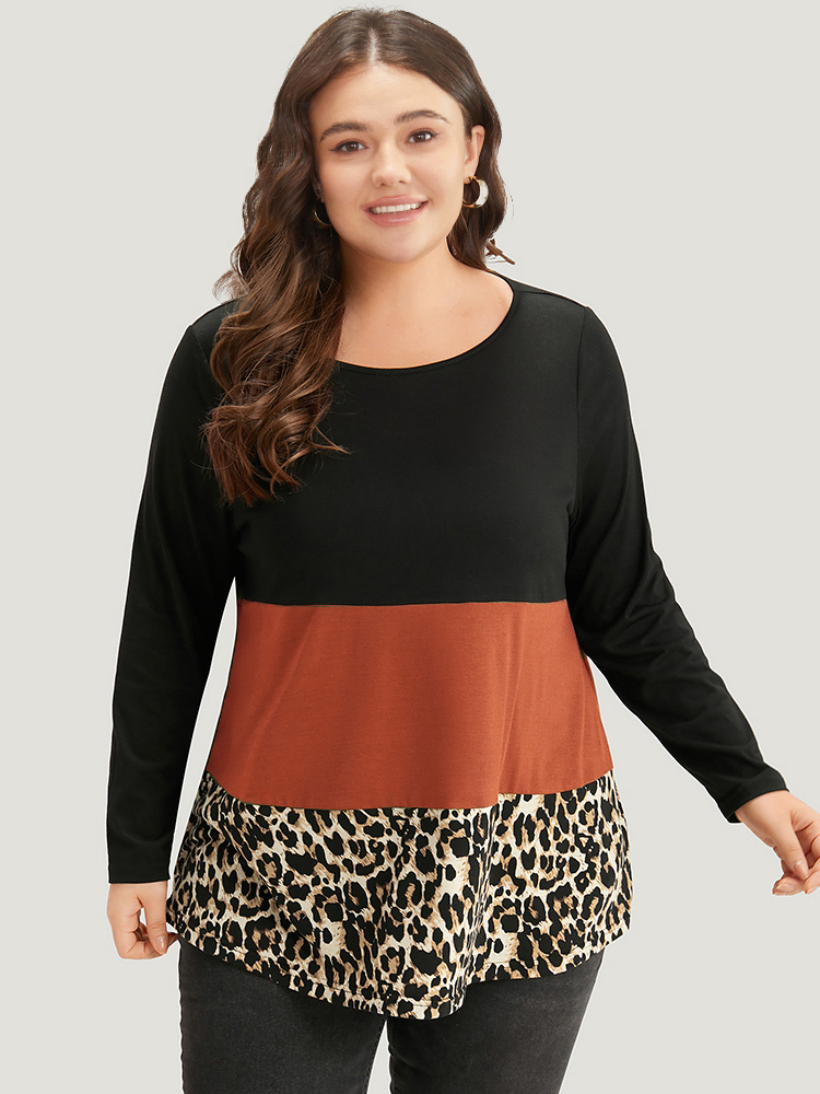Plus Size Colorblock Leopard Contrast Round Neck T-shirt Chocolate Women Casual Contrast Leopard Round Neck Everyday T-shirts BloomChic 28/5X 