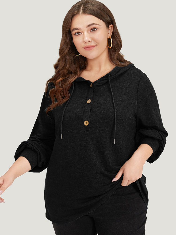 Plus Size Plain Drawstring Button Up Hooded Elastic Cuffs Sweatshirt Women Black Casual Elastic cuffs Hooded Dailywear Sweatshirts BloomChic 18-20/2X 
