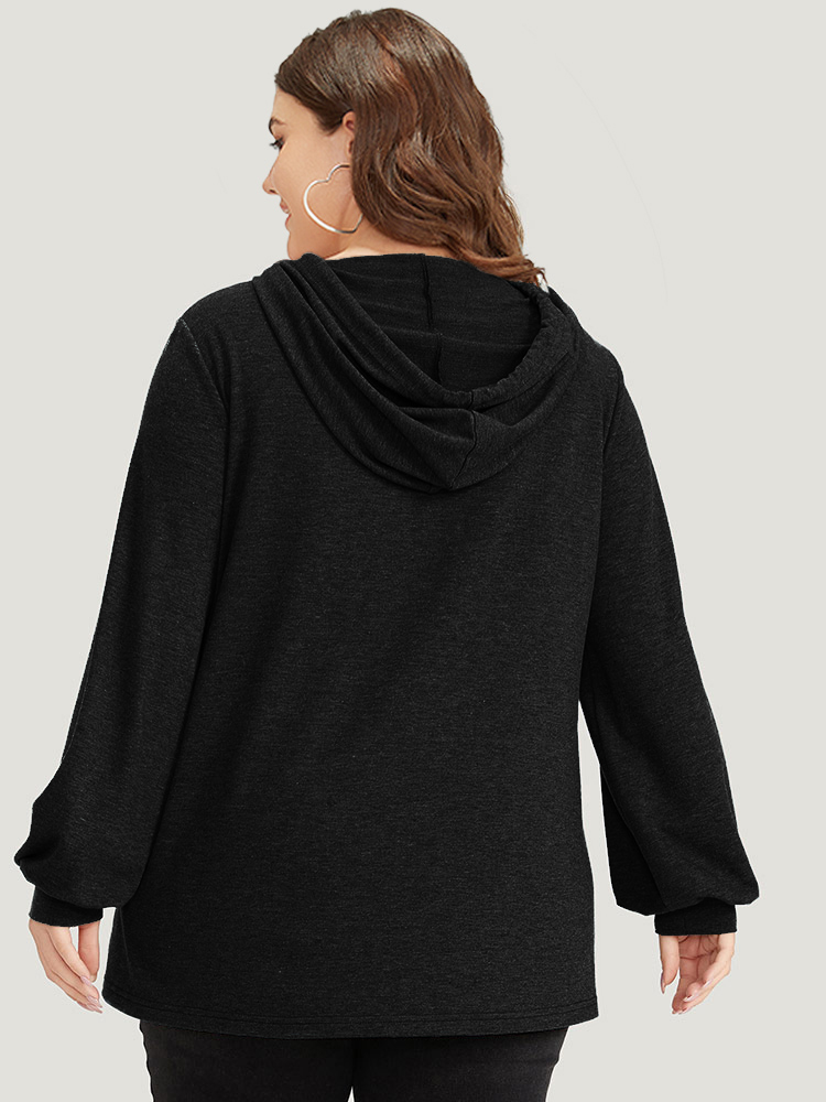 Plus Size Plain Drawstring Button Up Hooded Elastic Cuffs Sweatshirt Women Black Casual Elastic cuffs Hooded Dailywear Sweatshirts BloomChic 18-20/2X 