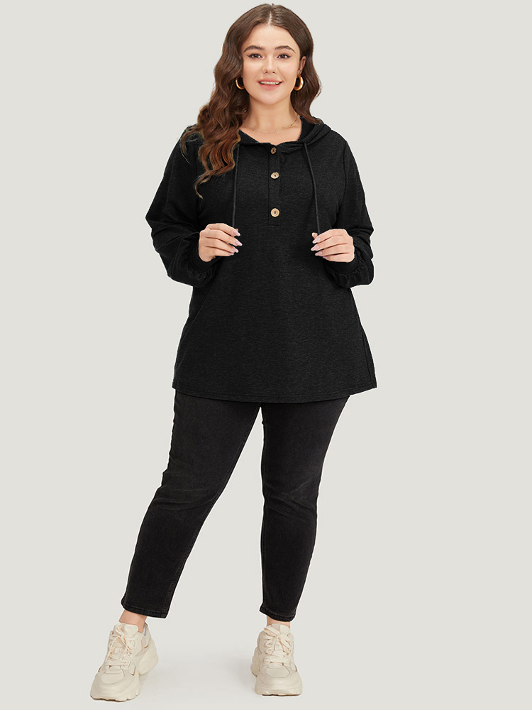 Plus Size Plain Drawstring Button Up Hooded Elastic Cuffs Sweatshirt Women Black Casual Elastic cuffs Hooded Dailywear Sweatshirts BloomChic 18-20/2X 