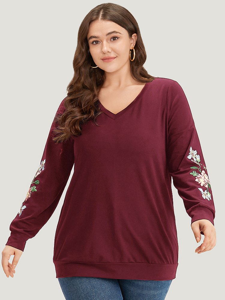 

Plus Size Floral Embroidered Elastic Cuffs V Neck Sweatshirt Women Burgundy Elegant Elastic cuffs V-neck Dailywear Sweatshirts BloomChic