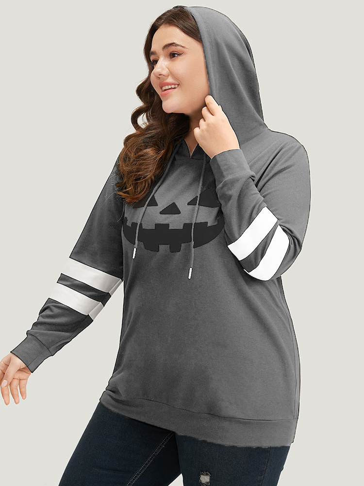 Plus Size Halloween Print Striped Patchwork Hooded Drawstring Sweatshirt Women Gray Casual Elastic cuffs Festival-Halloween Sweatshirts BloomChic 18-20/2X 