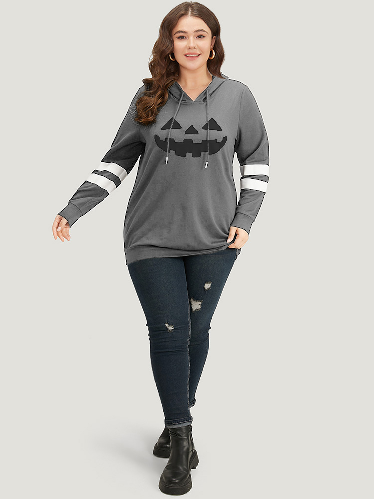 Plus Size Halloween Print Striped Patchwork Hooded Drawstring Sweatshirt Women Gray Casual Elastic cuffs Festival-Halloween Sweatshirts BloomChic 18-20/2X 