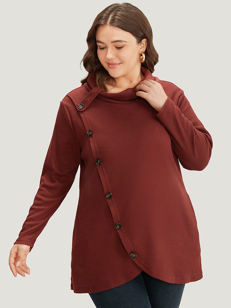 

Plus Size Rib Knit Mock Neck Wrap Pocket Button Detail Sweatshirt Women Scarlet Casual Wrap Mock Neck Dailywear Sweatshirts BloomChic
