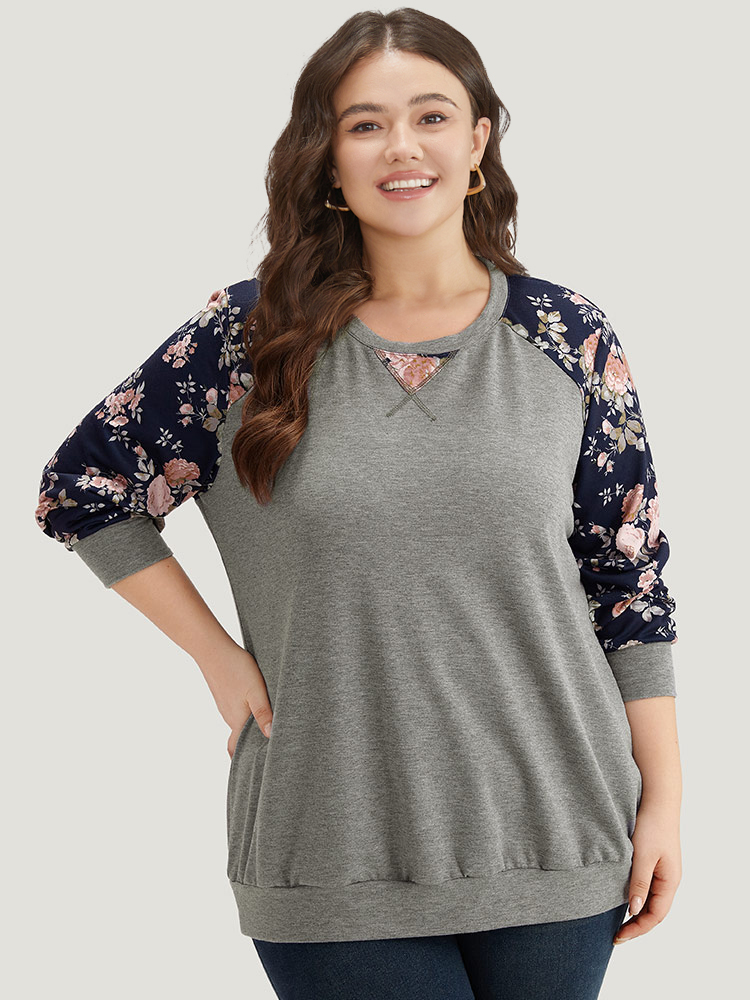 

Plus Size Floral Patchwork Raglan Sleeve Sweatshirt Women Gray Elegant Contrast Round Neck Everyday Sweatshirts BloomChic