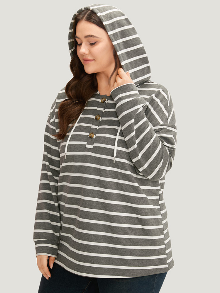 

Plus Size Striped Button Up Hooded Sweatshirt Women Gray Casual Button Hooded Dailywear Sweatshirts BloomChic