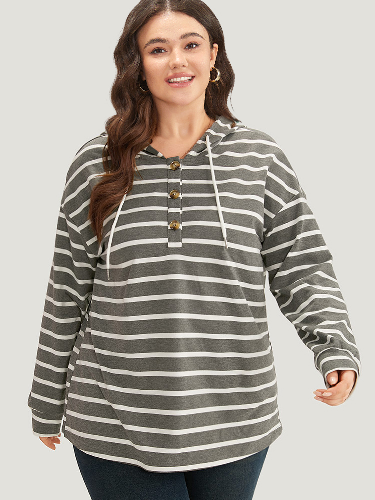 Plus Size Women Dailywear Striped Button Regular Regular Sleeve Long Sleeve Hooded Casual Sweatshirts BloomChic 