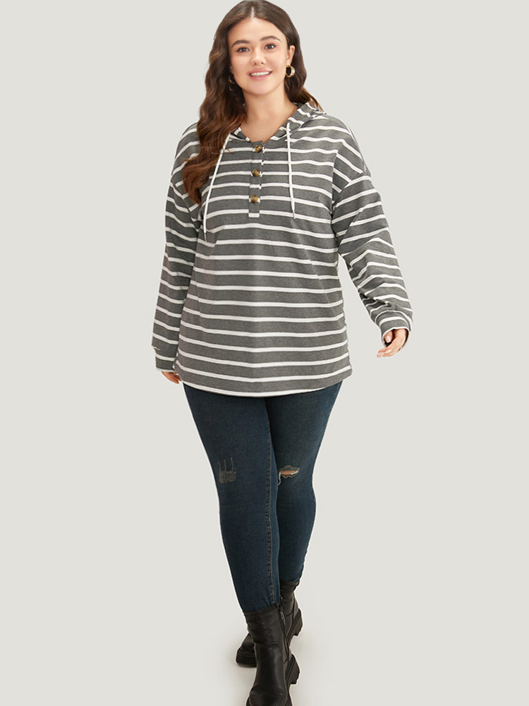 Plus Size Women Dailywear Striped Button Regular Regular Sleeve Long Sleeve Hooded Casual Sweatshirts BloomChic 