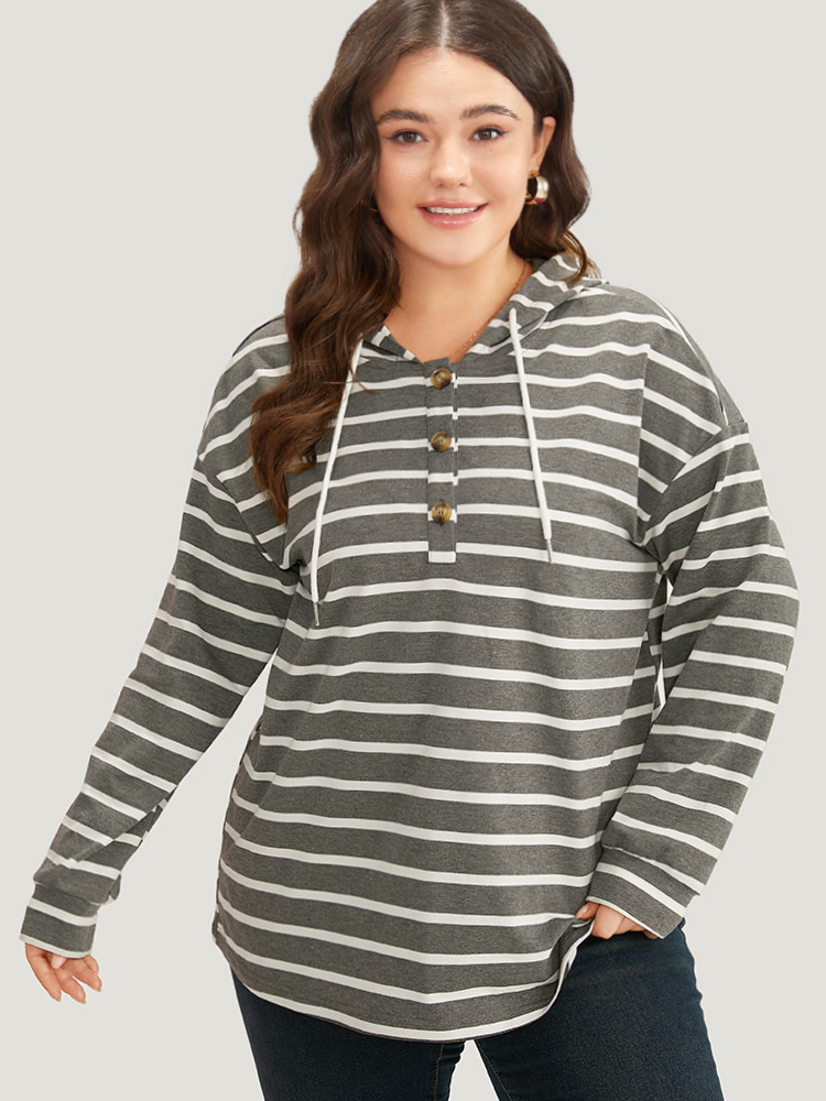 Plus Size Women Dailywear Striped Button Regular Regular Sleeve Long Sleeve Hooded Casual Sweatshirts BloomChic 