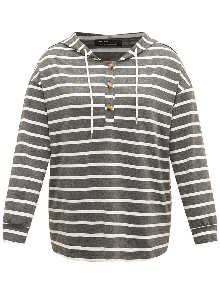 Plus Size Women Dailywear Striped Button Regular Regular Sleeve Long Sleeve Hooded Casual Sweatshirts BloomChic 