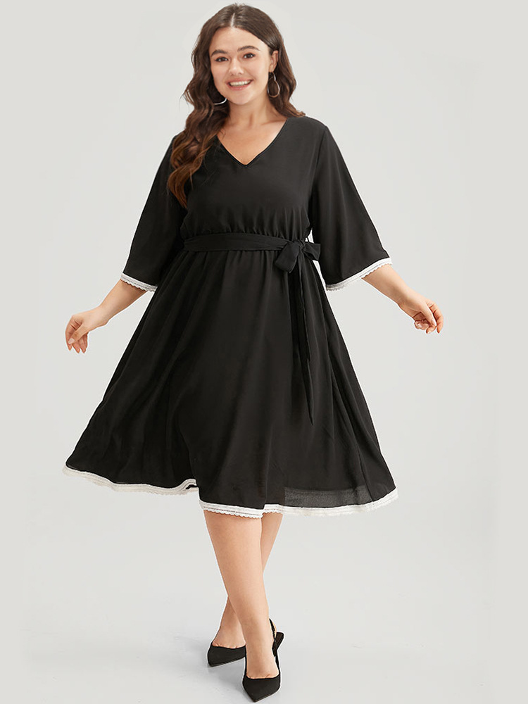 Plus Size Women Dailywear Plain Belted Ruffle Sleeve Elbow-length sleeve V-neck Pocket Belt Elegant Dresses BloomChic 