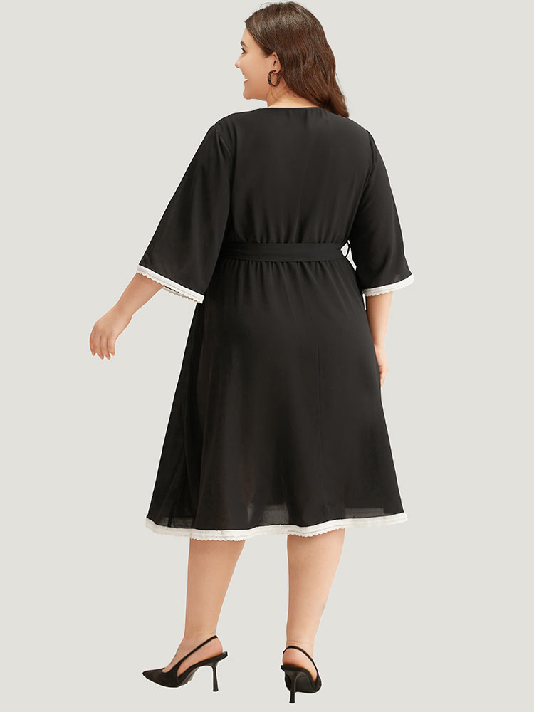 Plus Size Women Dailywear Plain Belted Ruffle Sleeve Elbow-length sleeve V-neck Pocket Belt Elegant Dresses BloomChic 