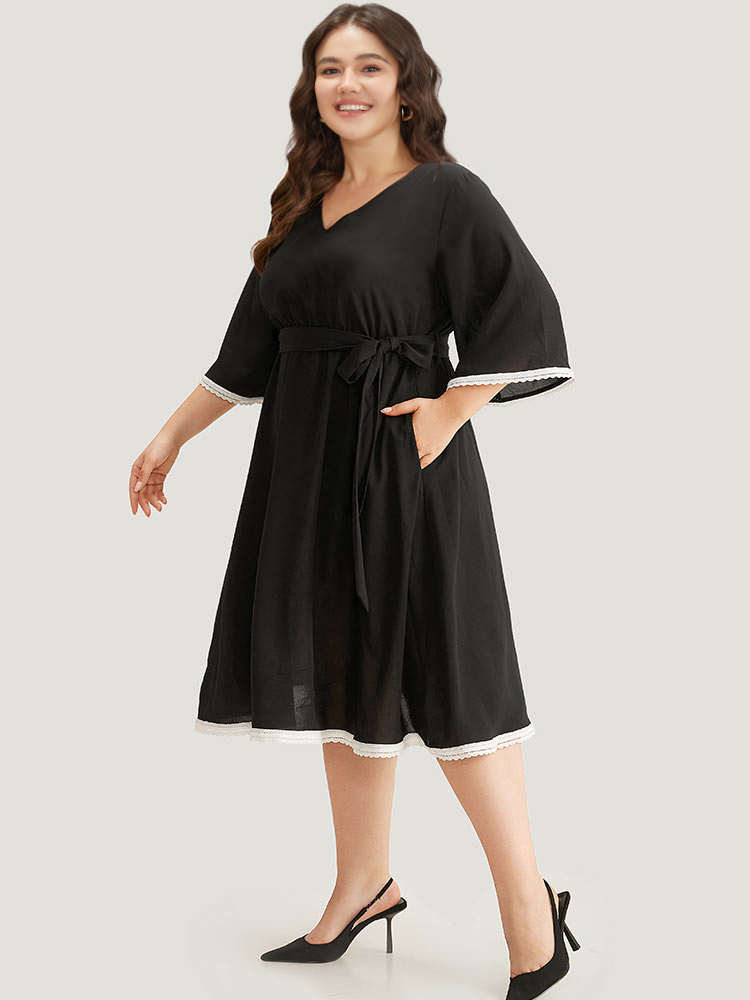 Plus Size Women Dailywear Plain Belted Ruffle Sleeve Elbow-length sleeve V-neck Pocket Belt Elegant Dresses BloomChic 