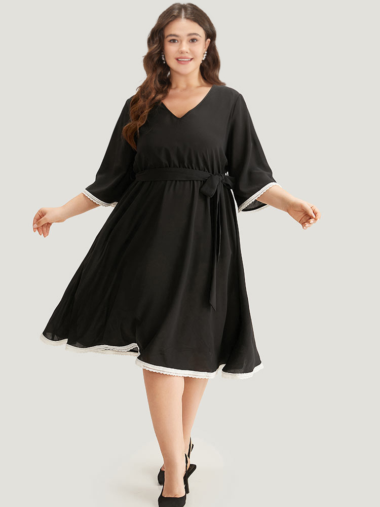 Plus Size Women Dailywear Plain Belted Ruffle Sleeve Elbow-length sleeve V-neck Pocket Belt Elegant Dresses BloomChic 