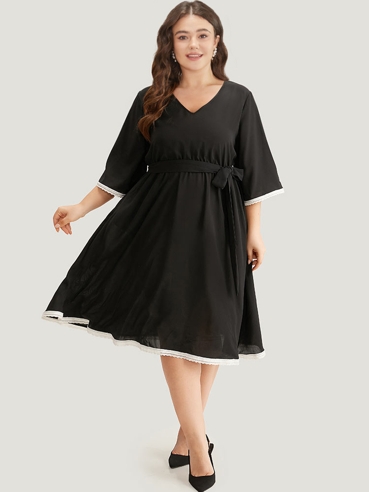 Plus Size Women Dailywear Plain Belted Ruffle Sleeve Elbow-length sleeve V-neck Pocket Belt Elegant Dresses BloomChic 