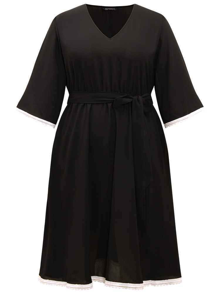 Plus Size Women Dailywear Plain Belted Ruffle Sleeve Elbow-length sleeve V-neck Pocket Belt Elegant Dresses BloomChic 