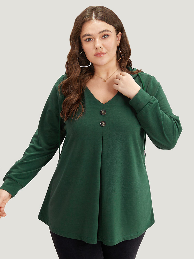 

Plus Size Hooded Button Detail Plicated Detail Sweatshirt Women DarkGreen Casual Plain Hooded Everyday Sweatshirts BloomChic