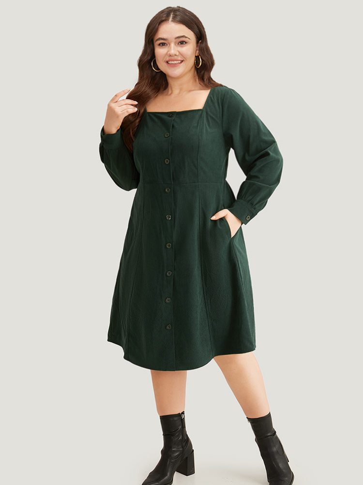 

Plus Size Corduroy Plain Pocket Button Detail Dress DarkGreen Women Elegant Gathered Square Neck Long Sleeve Curvy Midi Dress BloomChic