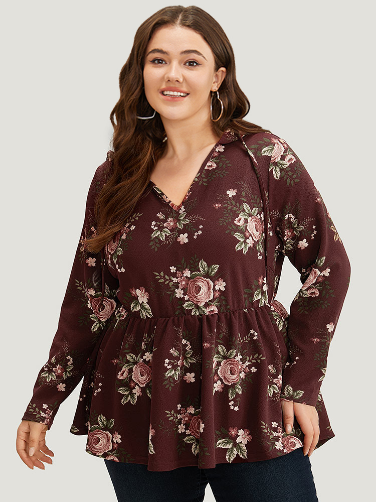 

Floral Print Hooded Ties T-shirt, Burgundy