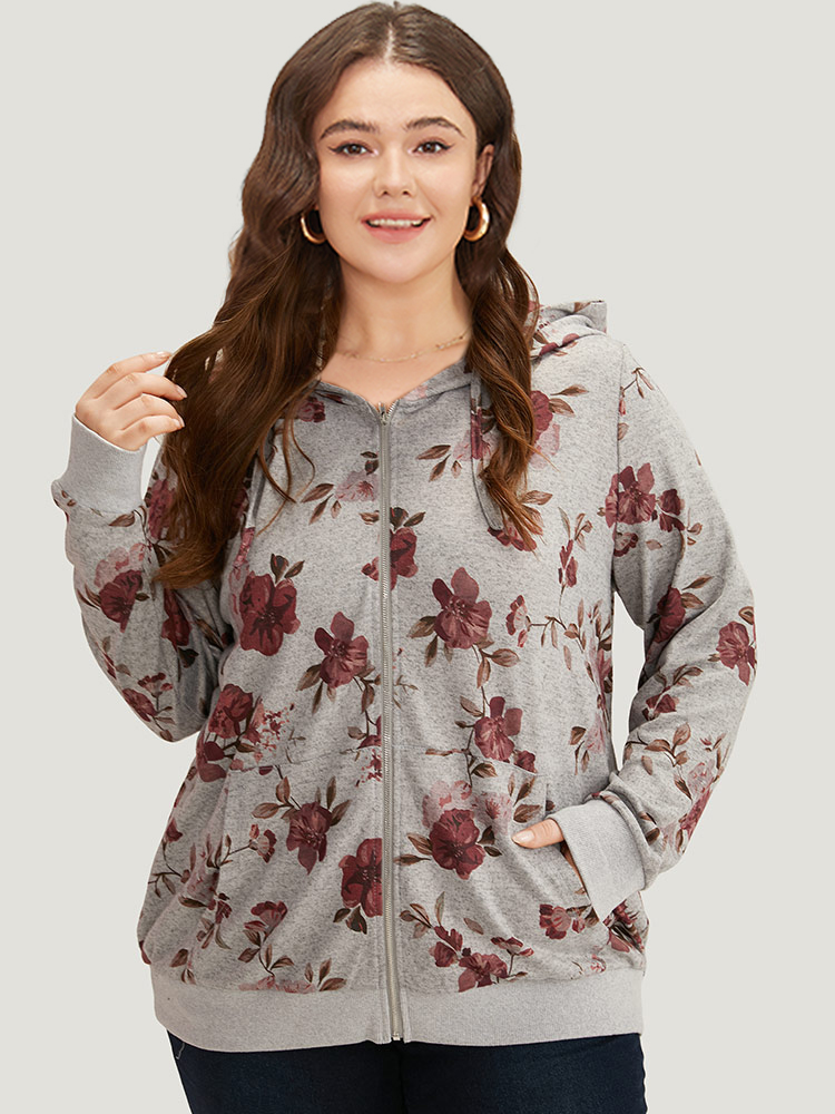 Plus Size Floral Print Pocket Drawstring Hooded Sweatshirt Women Gray Casual Printed Hooded Dailywear Sweatshirts BloomChic 30/6X 