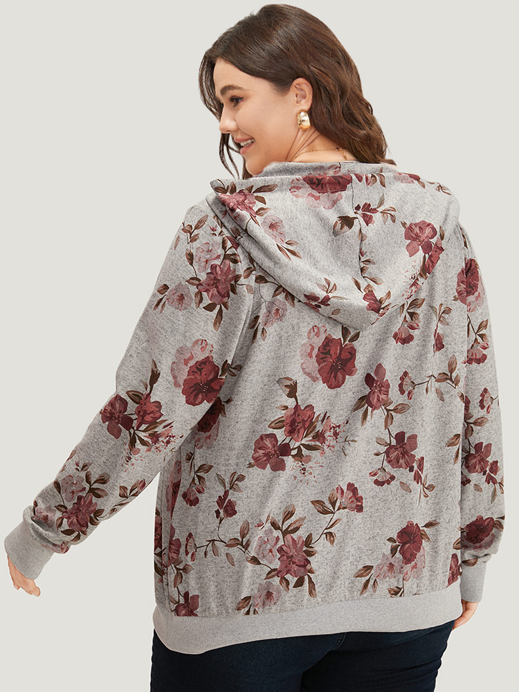 Plus Size Floral Print Pocket Drawstring Hooded Sweatshirt Women Gray Casual Printed Hooded Dailywear Sweatshirts BloomChic 30/6X 