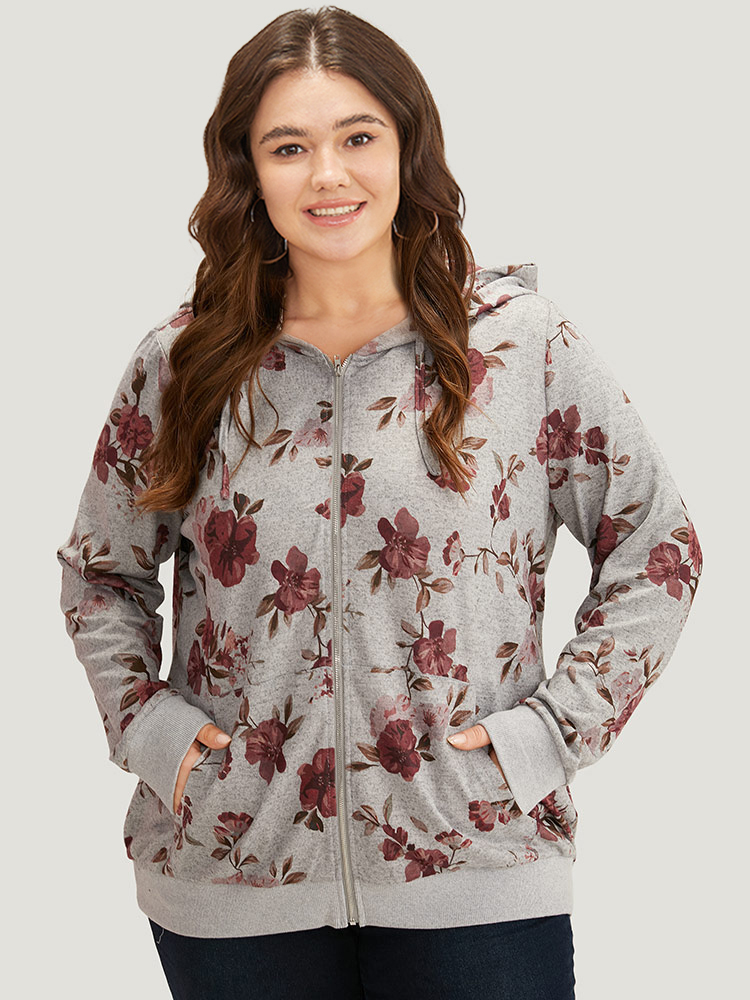 Plus Size Floral Print Pocket Drawstring Hooded Sweatshirt Women Gray Casual Printed Hooded Dailywear Sweatshirts BloomChic 30/6X 