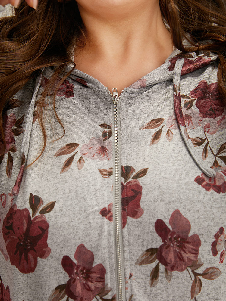 Plus Size Floral Print Pocket Drawstring Hooded Sweatshirt Women Gray Casual Printed Hooded Dailywear Sweatshirts BloomChic 30/6X 