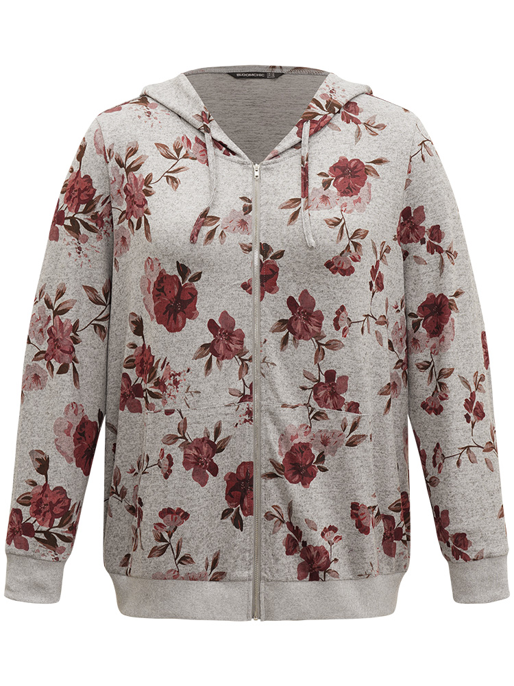 Plus Size Floral Print Pocket Drawstring Hooded Sweatshirt Women Gray Casual Printed Hooded Dailywear Sweatshirts BloomChic 30/6X 