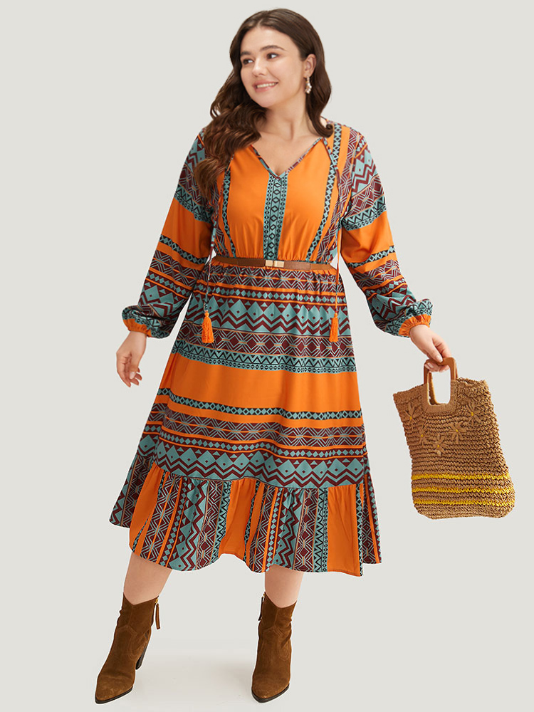 Plus Size Women Dailywear Bohemian Print Elastic cuffs Lantern Sleeve Long Sleeve Tie Neck Pocket Vacation Dresses BloomChic 