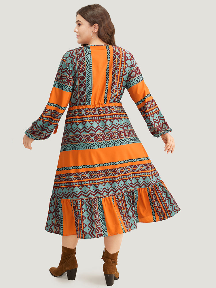 Plus Size Women Dailywear Bohemian Print Elastic cuffs Lantern Sleeve Long Sleeve Tie Neck Pocket Vacation Dresses BloomChic 