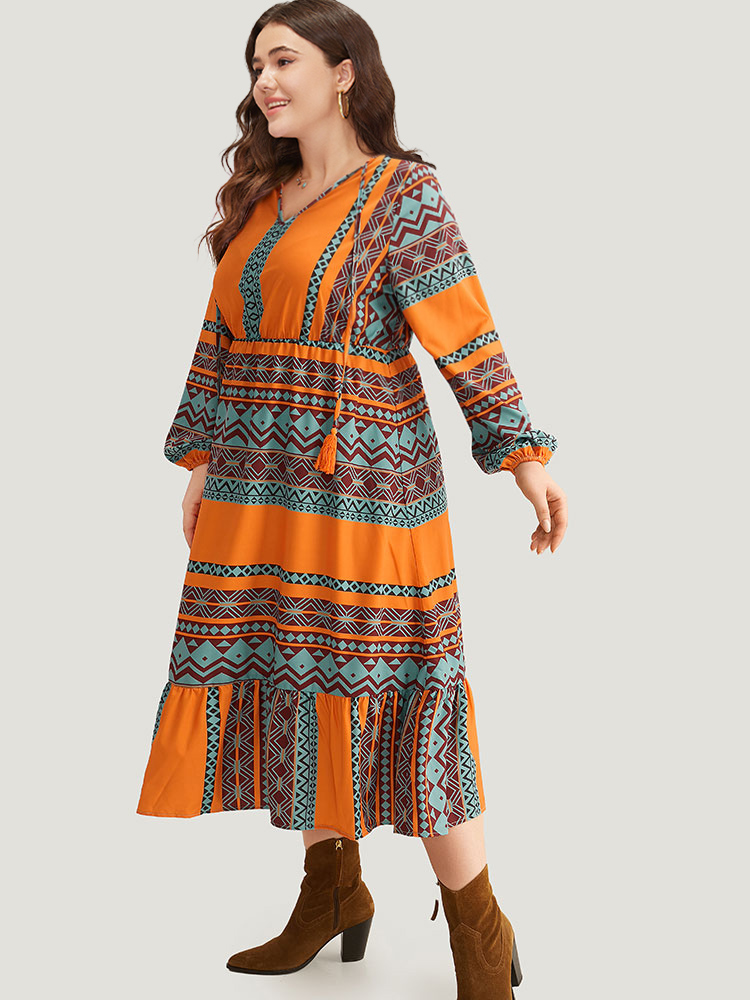 Plus Size Women Dailywear Bohemian Print Elastic cuffs Lantern Sleeve Long Sleeve Tie Neck Pocket Vacation Dresses BloomChic 