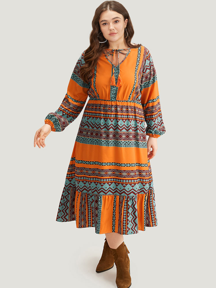 Plus Size Women Dailywear Bohemian Print Elastic cuffs Lantern Sleeve Long Sleeve Tie Neck Pocket Vacation Dresses BloomChic 