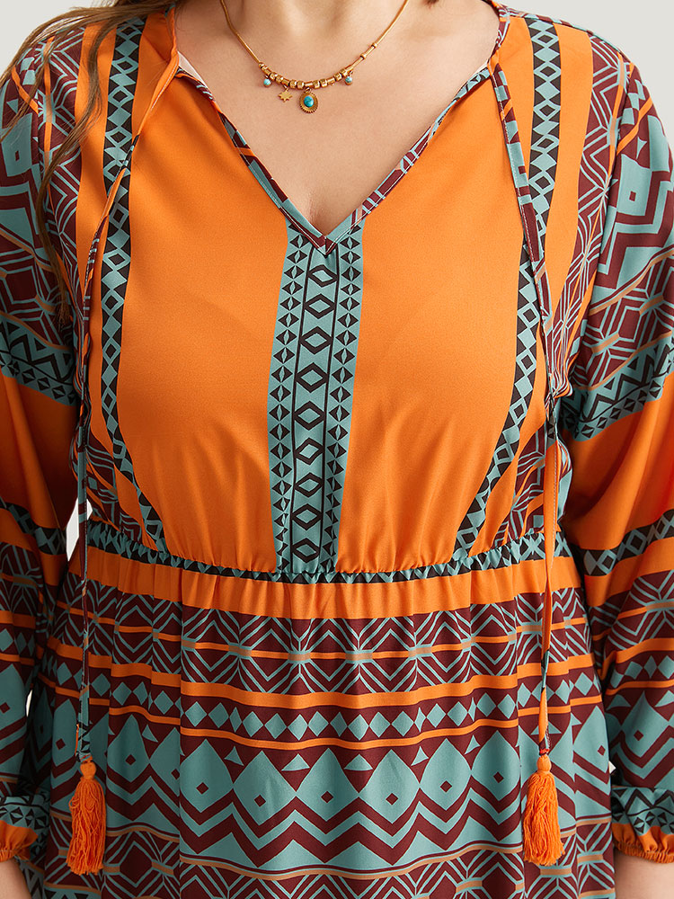 Plus Size Women Dailywear Bohemian Print Elastic cuffs Lantern Sleeve Long Sleeve Tie Neck Pocket Vacation Dresses BloomChic 