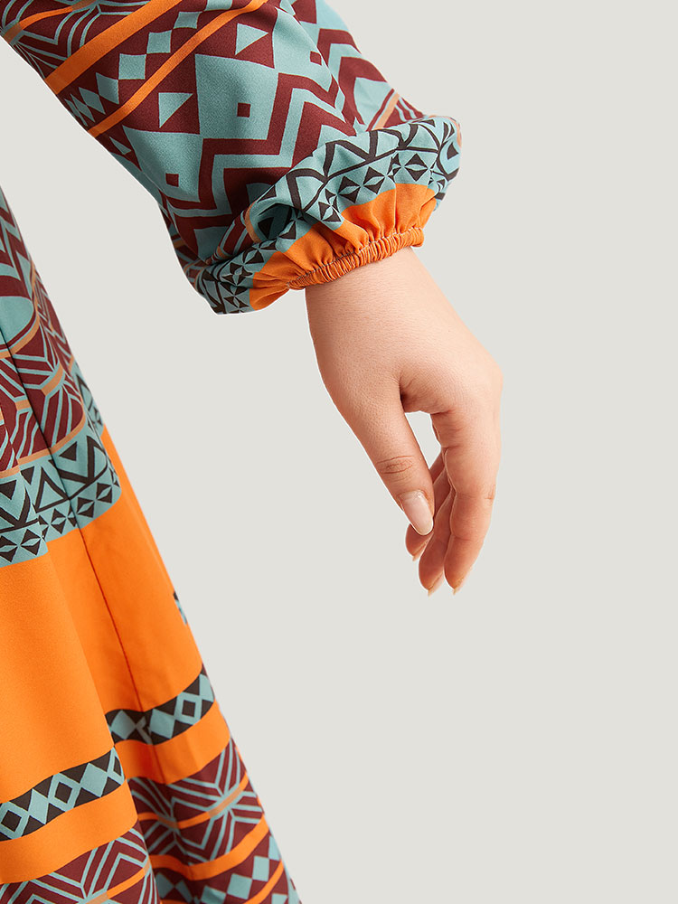 Plus Size Women Dailywear Bohemian Print Elastic cuffs Lantern Sleeve Long Sleeve Tie Neck Pocket Vacation Dresses BloomChic 