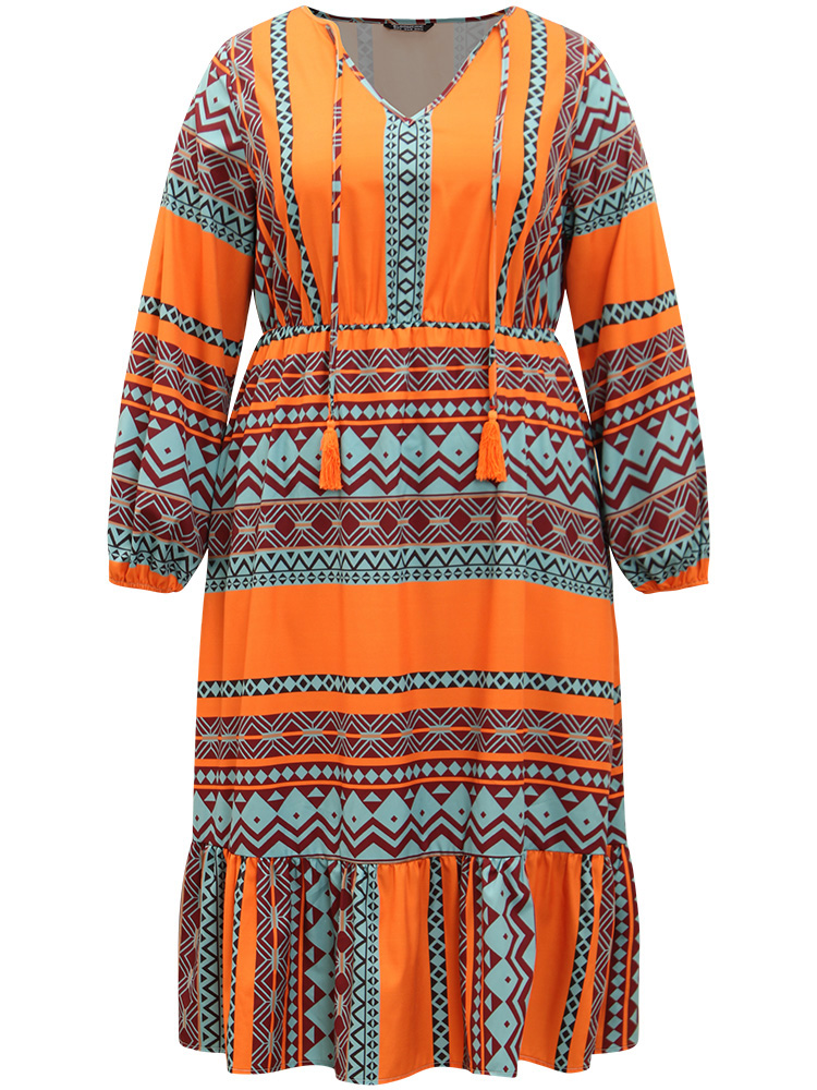 Plus Size Women Dailywear Bohemian Print Elastic cuffs Lantern Sleeve Long Sleeve Tie Neck Pocket Vacation Dresses BloomChic 