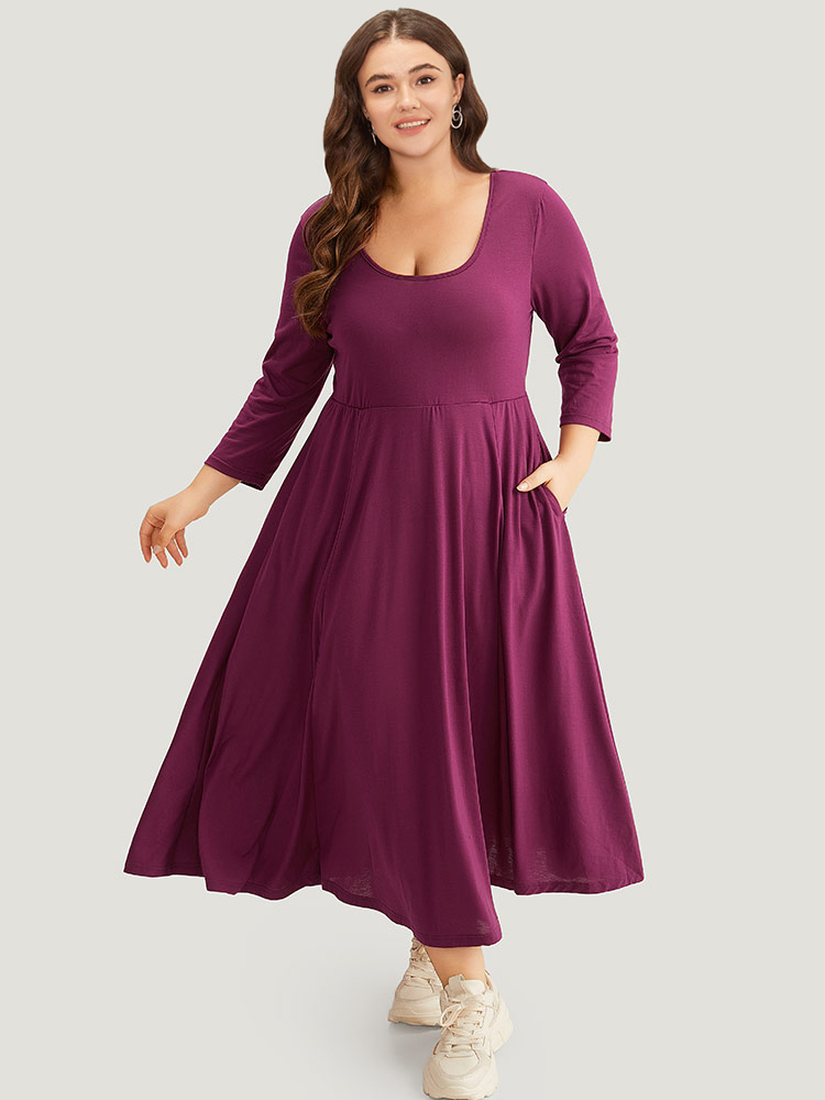 

Plus Size Supersoft Essentials Scoop Neck Pleated Dress RedViolet Women Casual Plain Scoop Neck Elbow-length sleeve Curvy Midi Dress BloomChic