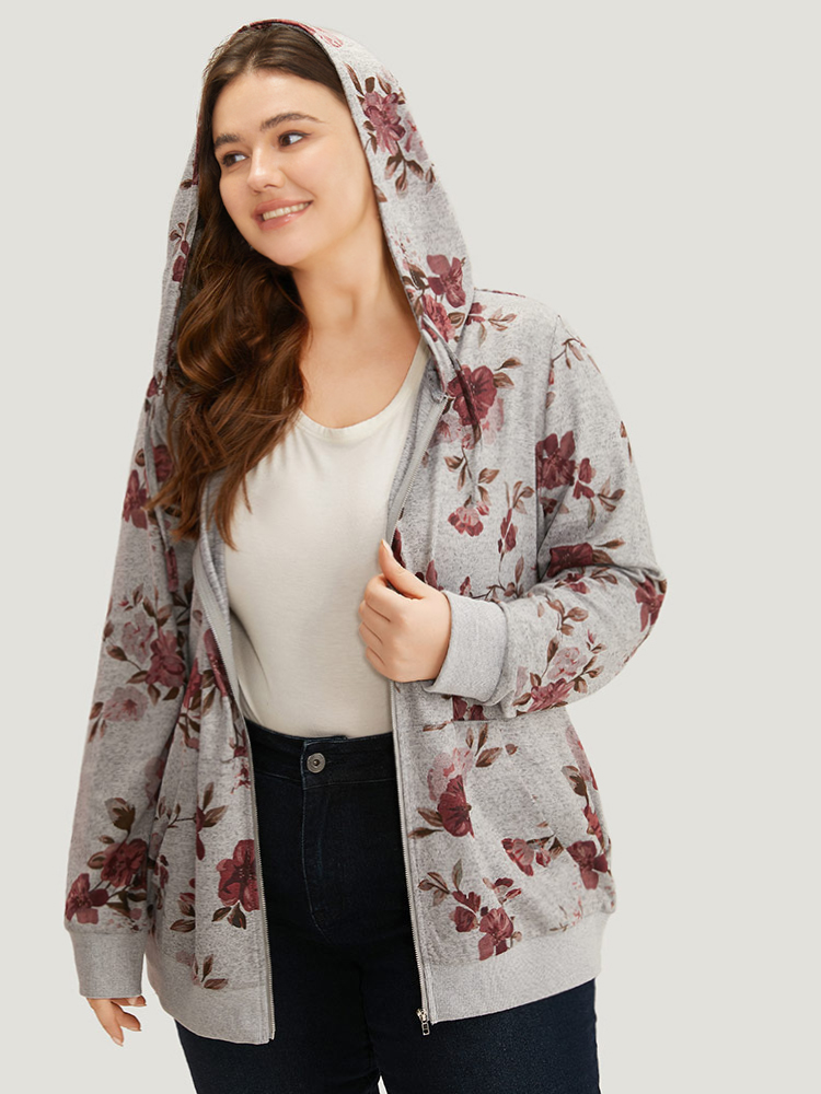 Plus Size Floral Print Pocket Drawstring Hooded Sweatshirt Women Gray Casual Printed Hooded Dailywear Sweatshirts BloomChic 30/6X 
