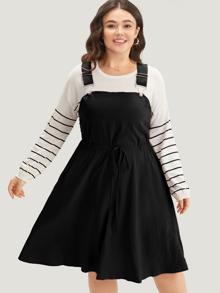 

Plus Size Plain Drawstring Pocket Metal Detail Suspender Skirt Black Women Casual Adjustable Straps Spaghetti Strap Sleeveless Curvy Midi Dress BloomChic