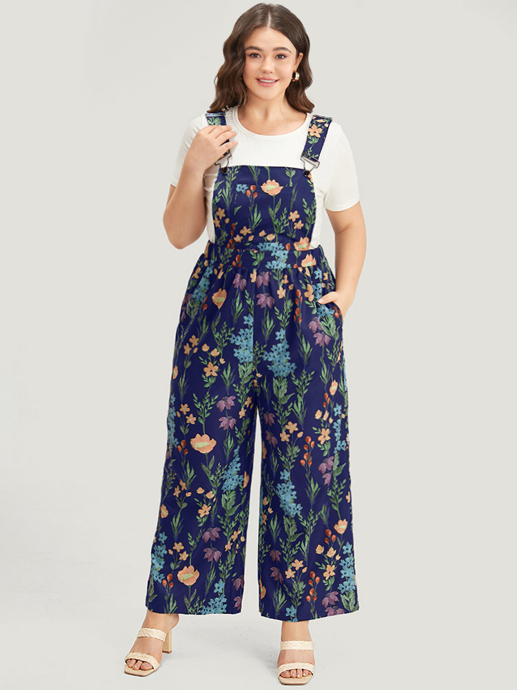 

Plus Size Navy Floral Pocket Adjustable Straps Gathered Jumpsuit Women Elegant Sleeveless Spaghetti Strap Dailywear Loose Jumpsuits BloomChic