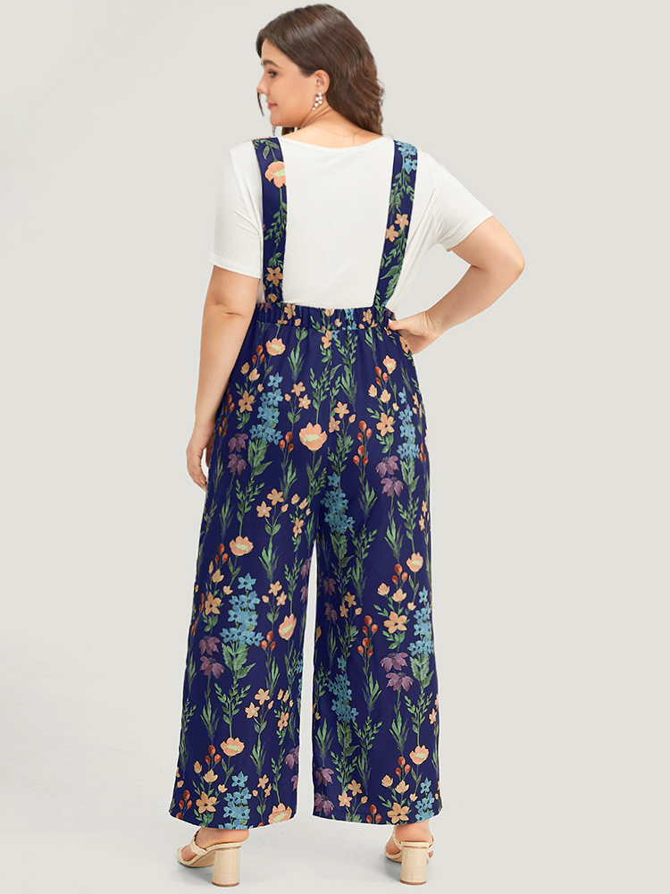 

Plus Size Navy Floral Pocket Adjustable Straps Gathered Jumpsuit Women Elegant Sleeveless Spaghetti Strap Dailywear Loose Jumpsuits BloomChic