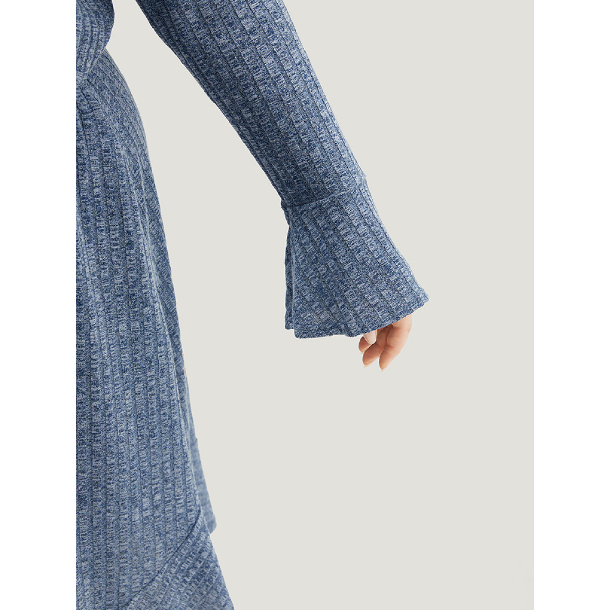 

Plus Size Rib Knit Button Detail Pocket Bell Sleeve Dress Indigo Women Texture V-neck Long Sleeve Curvy Midi Dress BloomChic