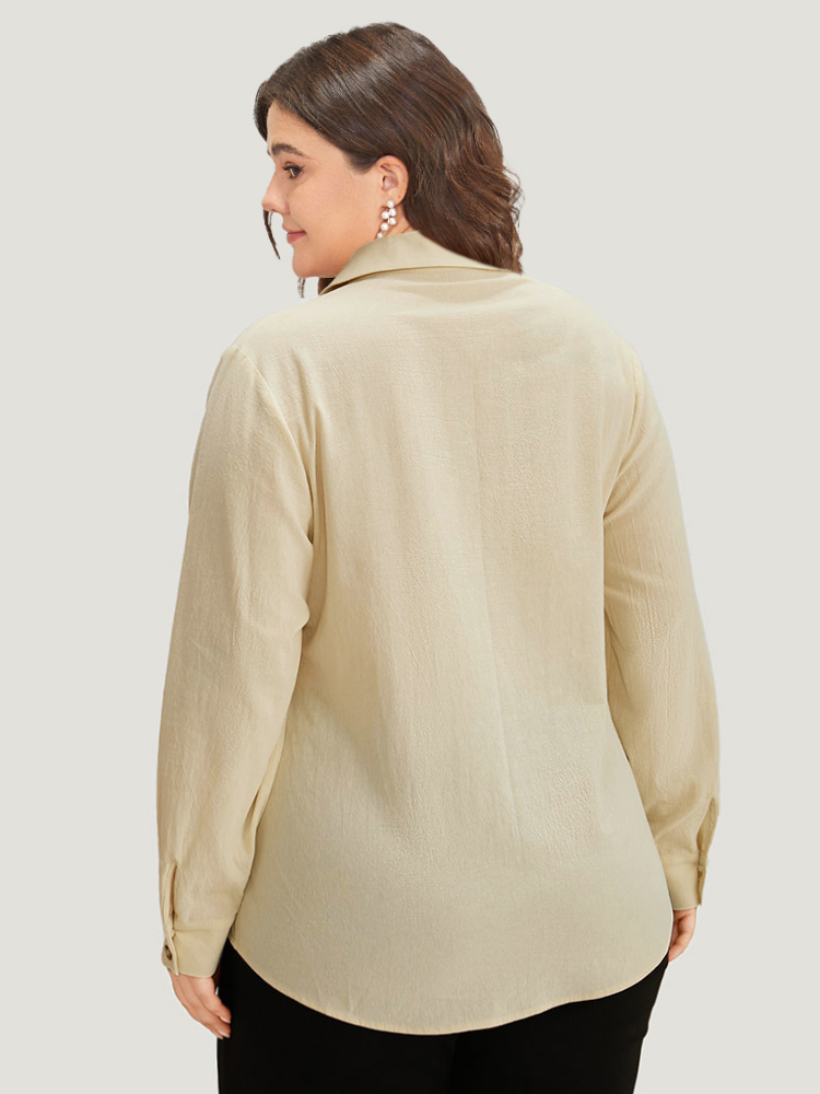 

Plus Size Plain Button Through Curved Hem Blouse Ivory Long Sleeve Shirt collar Office Shirts