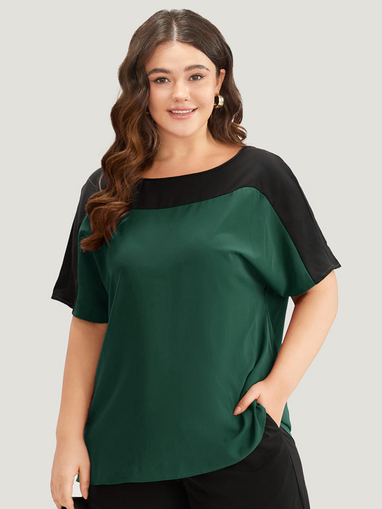 

Anti-Wrinkle Two Tone Dolman Sleeve Woven Top, Darkgreen