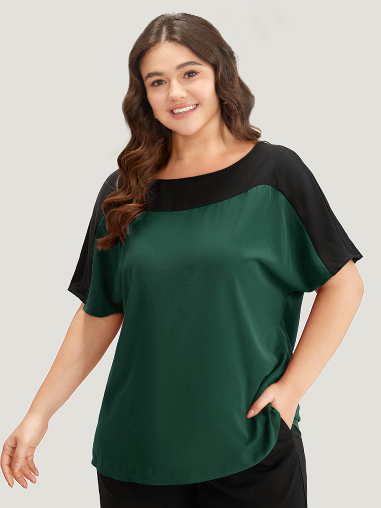 

Anti-Wrinkle Two Tone Dolman Sleeve Woven Top, Darkgreen