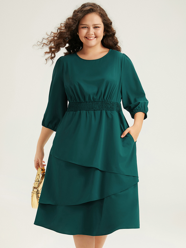 

Plus Size Twill Flutter Shirred Asymmetrical Layered Hem Dress Teal Women At the Office Elastic cuffs Round Neck Elbow-length sleeve Curvy Midi Dress BloomChic